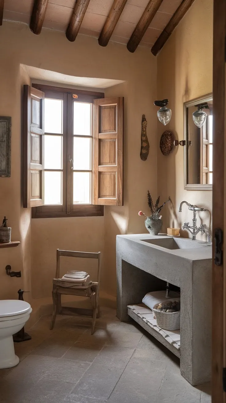 This French bathroom embodies rustic elegance.  The concrete vanity top anchors the space, its cool texture a beautiful contrast to the warm hues and charming details of this French country vanity and overall French country bathroom design.