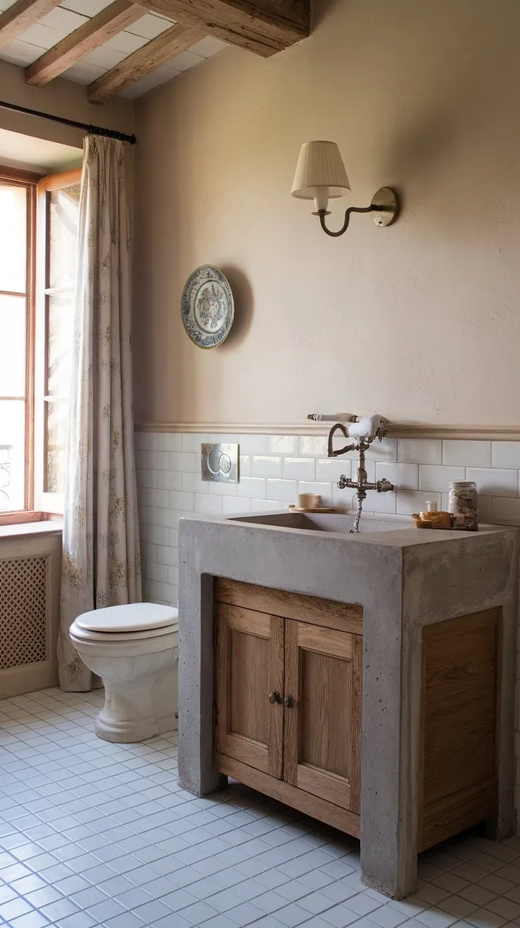 Indulge in the charm of this French country bathroom, where a rustic bathroom design meets modern elegance. The concrete vanity top complements the French country vanity perfectly, creating a serene and sophisticated space.