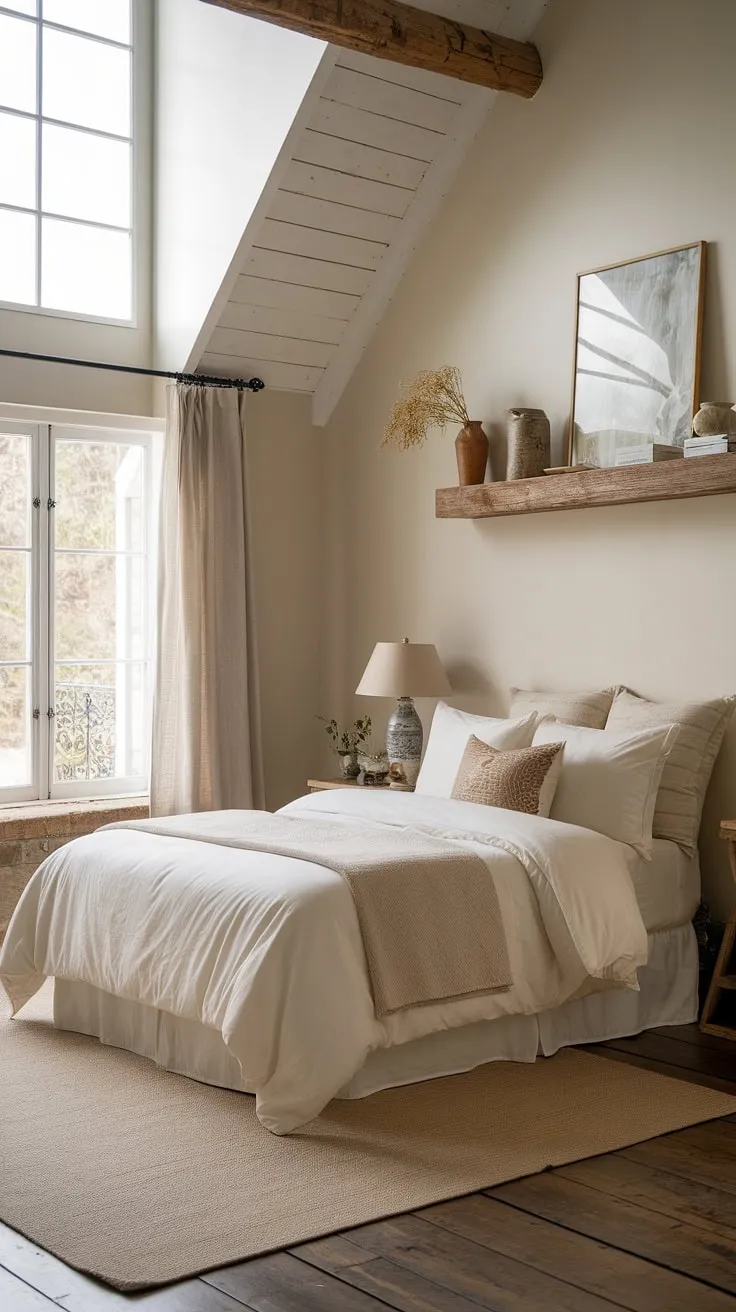 Drift off to sleep in this cozy French bedroom, where rustic neutral tones meet modern country decor. The French country lamp casts a warm glow, creating the perfect ambiance for a peaceful night in this neutral cottage bedroom, reminiscent of a charming French farmhouse apartment.