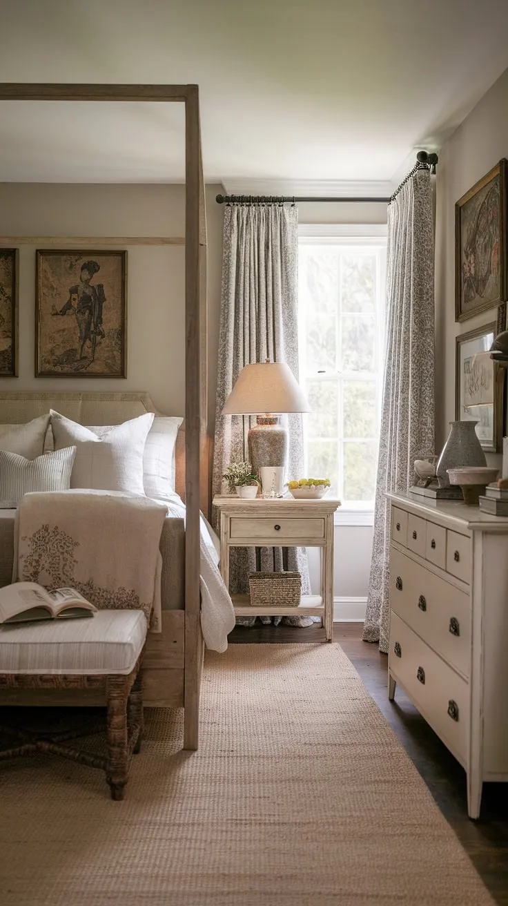 Drift off to sleep in this cozy French bedroom, where rustic neutral tones meet modern country decor. The French country lamp casts a warm glow, creating the perfect ambiance for a peaceful night in this neutral cottage bedroom, reminiscent of a charming French farmhouse apartment.