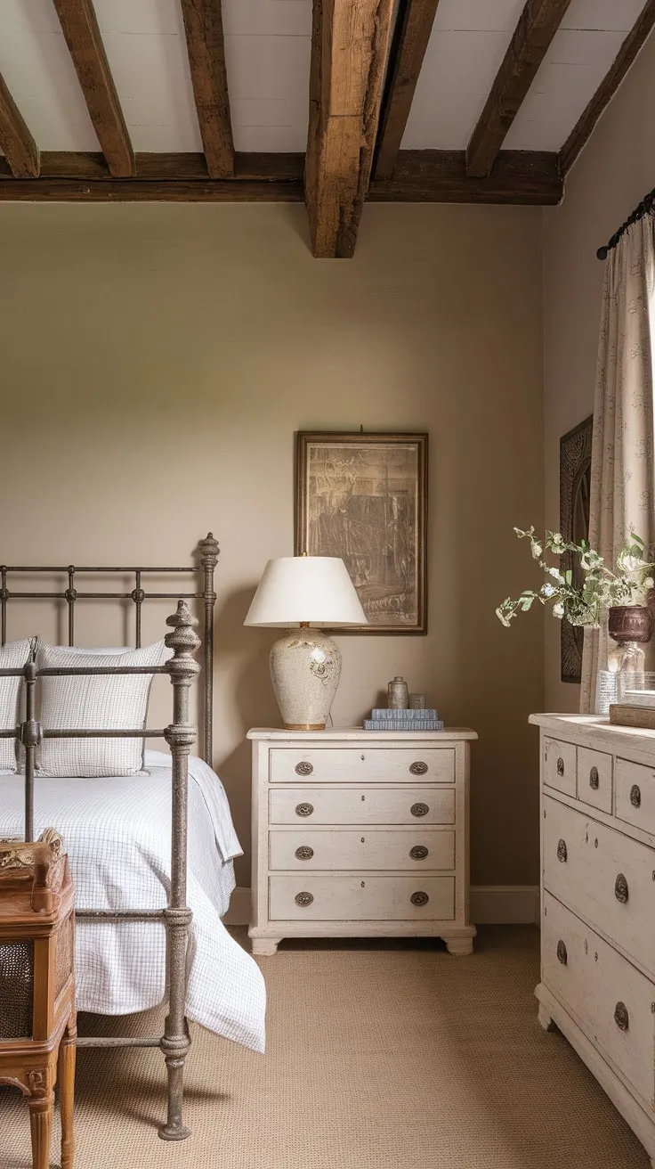 Drift off to sleep in this cozy French bedroom, where rustic neutral tones meet modern country decor. The French country lamp casts a warm glow over the neutral cottage bedroom, creating a truly tranquil and inviting space.  This country-inspired bedroom is the epitome of French farmhouse apartment living.