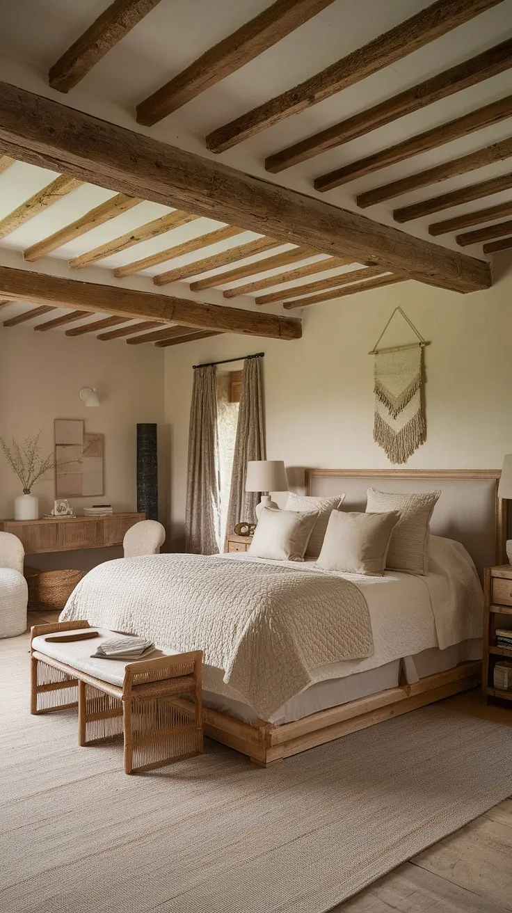 Drift off to sleep in this rustic neutral bedroom, a perfect example of country inspired bedroom design. The large wooden bed and neutral-colored quilt create a serene atmosphere in this cozy French bedroom, while the exposed wooden beams add a touch of French farmhouse apartment charm.  The modern country bedroom decor is both inviting and sophisticated.