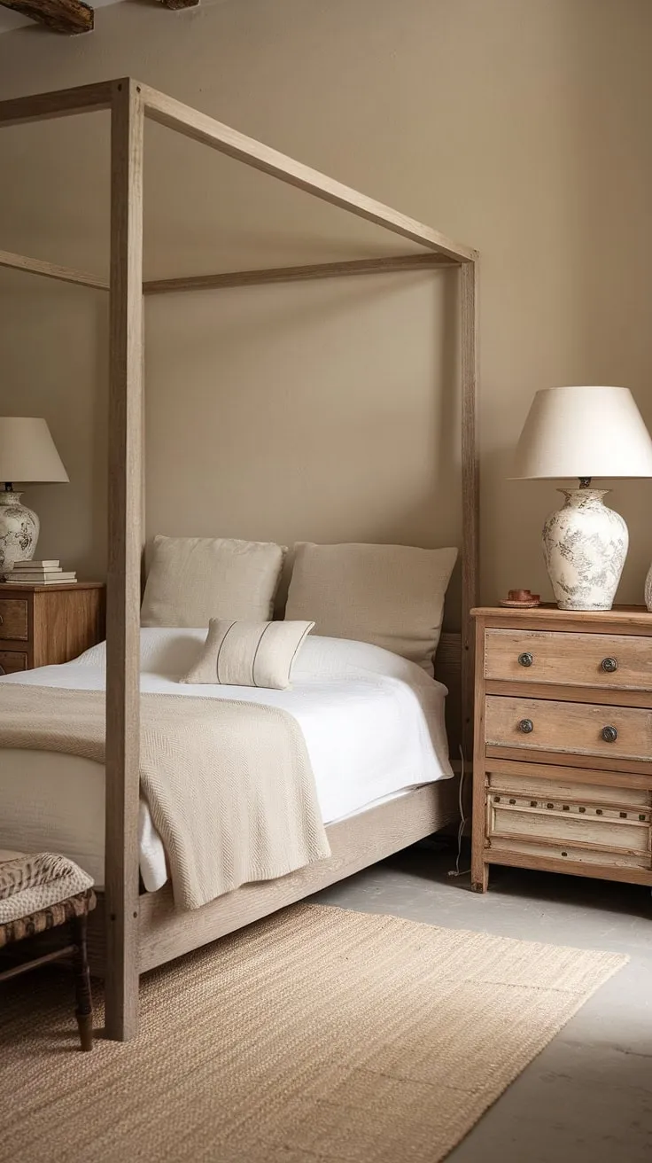 Escape to this cozy French bedroom, a haven of calm in a neutral cottage bedroom setting.  The country-inspired bedroom design, featuring a simple wooden bed and soft textures, embodies the essence of French country style.  This rustic neutral bedroom is the epitome of modern country bedroom decor, complete with a charming French country lamp on the nightstand.