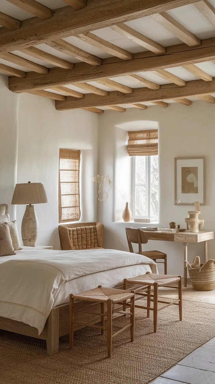This neutral country bedroom is the epitome of French farmhouse apartment living.  The rustic neutral bedroom design, complete with a wooden bed and a charming French country lamp, offers a country inspired bedroom retreat that's both inviting and stylish.