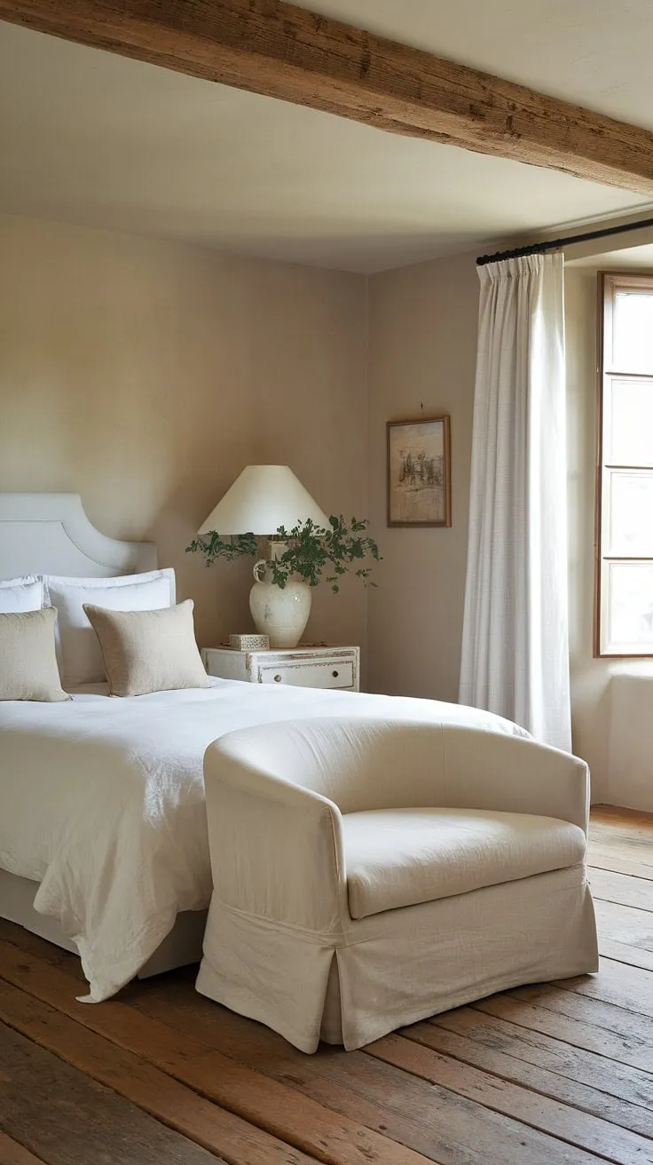 Drift off to sleep in this cozy French bedroom, where rustic neutral tones meet modern country decor. The French country lamp casts a warm glow over the neutral cottage bedroom, creating the perfect ambiance for a peaceful night's rest in this country-inspired haven.  This French farmhouse apartment bedroom is the epitome of relaxed elegance.