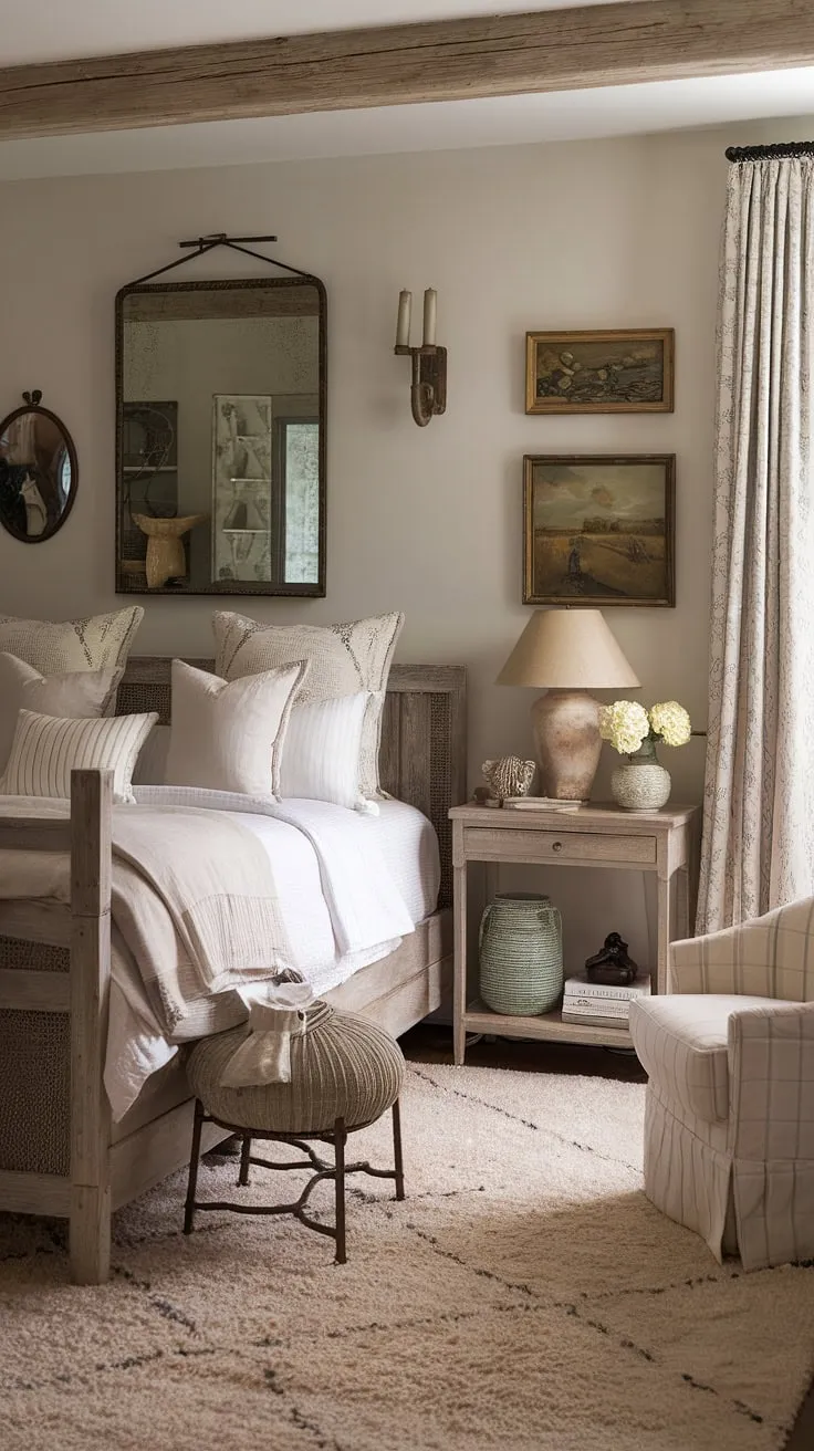 This neutral country bedroom is the epitome of country-inspired serenity.  A French country lamp illuminates the rustic neutral space, transforming this modern country bedroom decor into a cozy French bedroom retreat, perfect for a quiet escape in a charming French farmhouse apartment.