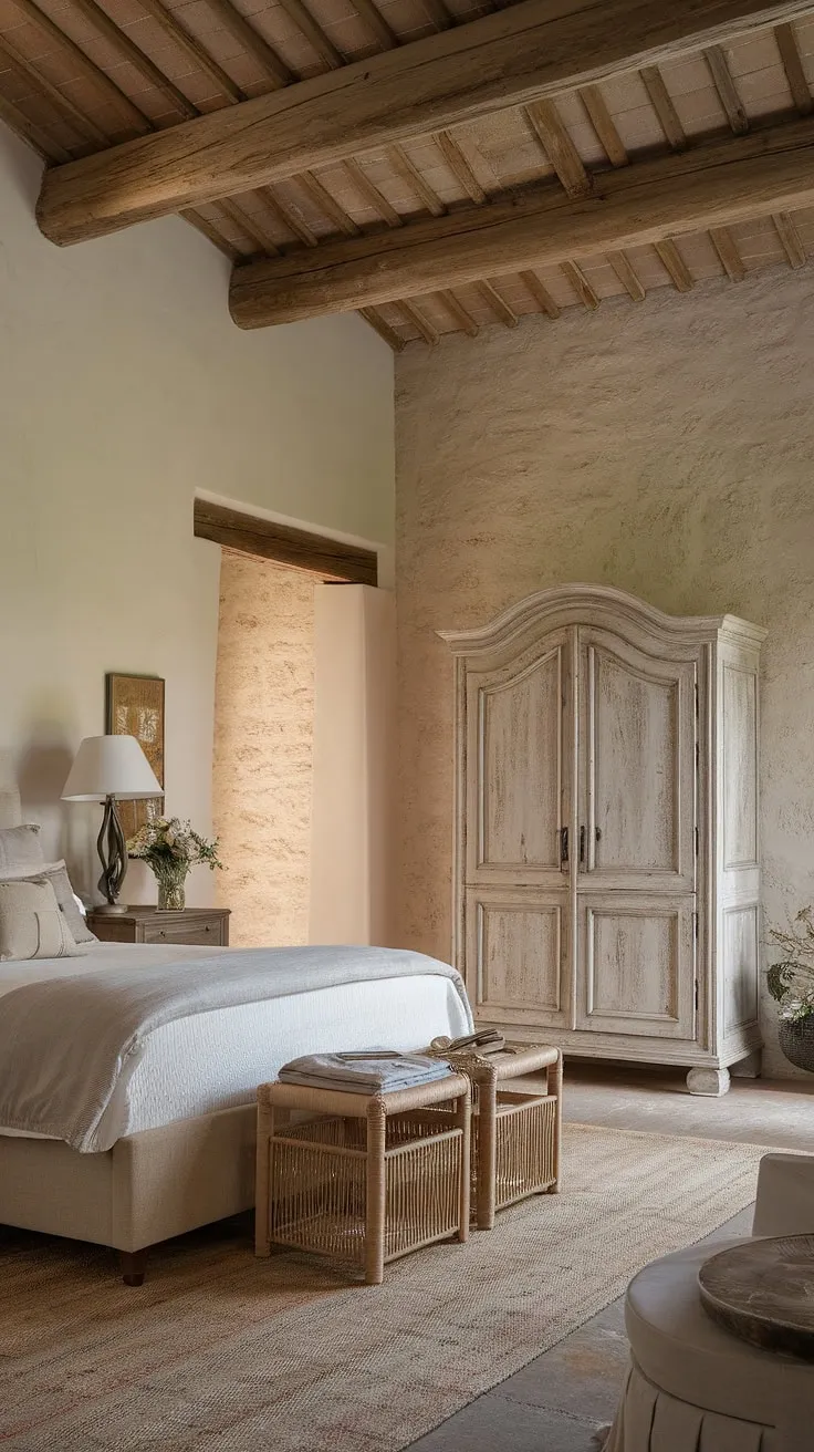 Drift off to sleep in this cozy French bedroom, where rustic neutral tones meet modern country decor. The French country lamp casts a warm glow over the neutral cottage bedroom, creating a truly tranquil and inviting space. This country-inspired bedroom is the epitome of French farmhouse apartment living.