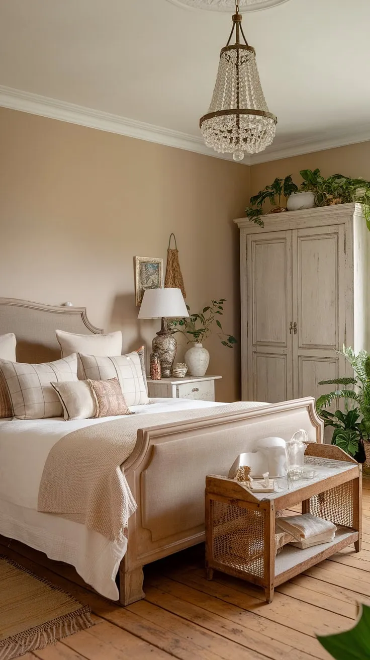 A neutral country bedroom with a touch of French farmhouse charm. This rustic neutral bedroom features modern country bedroom decor and a beautiful French country lamp, creating a cozy French bedroom perfect for relaxation and peaceful nights. The overall aesthetic is a blend of neutral cottage bedroom style and sophisticated country living.