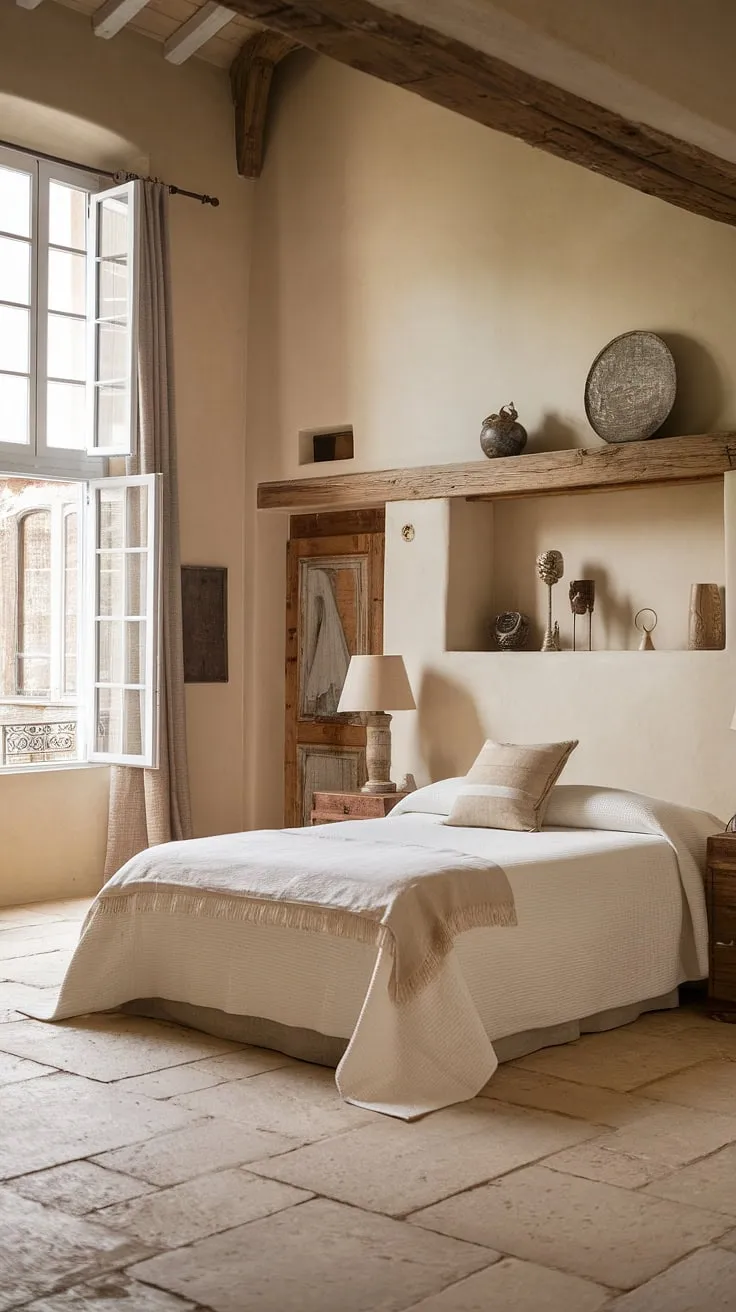 Drift off to sleep in this cozy French bedroom, where rustic neutral tones meet modern country decor. The French country lamp casts a warm glow, creating the perfect ambiance for a peaceful night in this neutral cottage bedroom, reminiscent of a charming French farmhouse apartment.