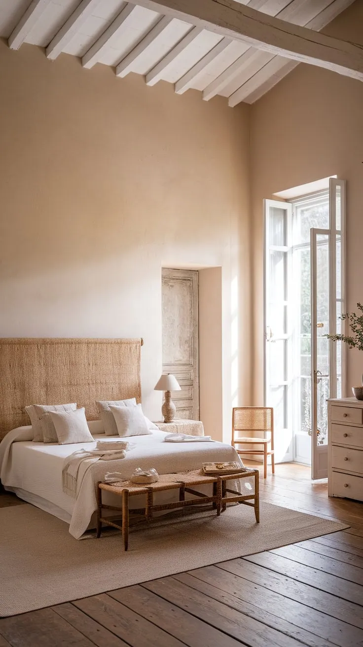 A neutral country bedroom, effortlessly chic. This rustic neutral bedroom, styled with modern country bedroom decor and a charming French country lamp, embodies the spirit of a cozy French bedroom.  The perfect blend of French farmhouse apartment style and peaceful cottage retreat.