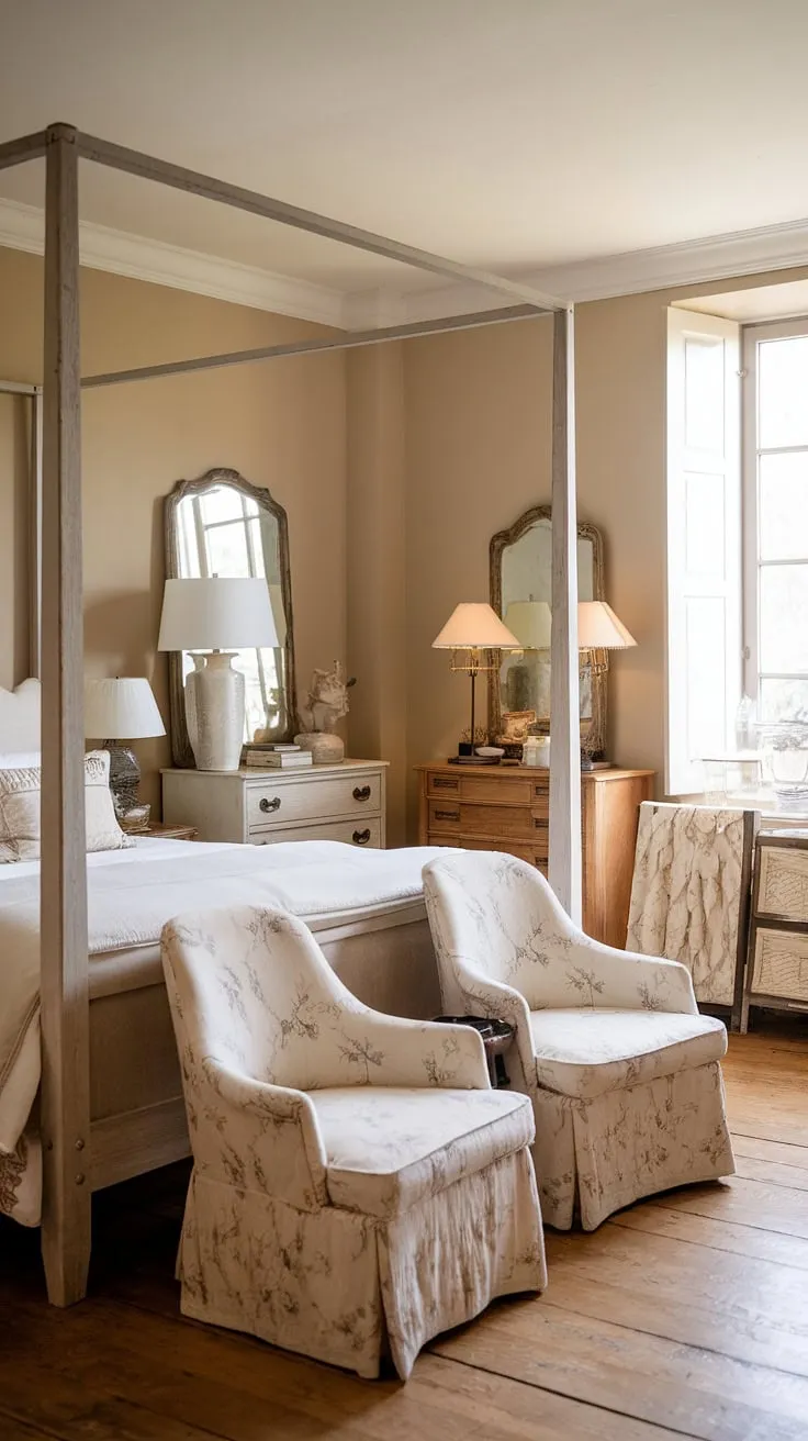 Escape to this cozy French country bedroom, where rustic neutral decor and a king-size bed create the perfect sanctuary.  The modern country bedroom decor, featuring a french country lamp and charming floral chairs, completes this neutral cottage bedroom's idyllic ambiance.  This neutral country bedroom is the epitome of relaxed elegance in a French farmhouse apartment.