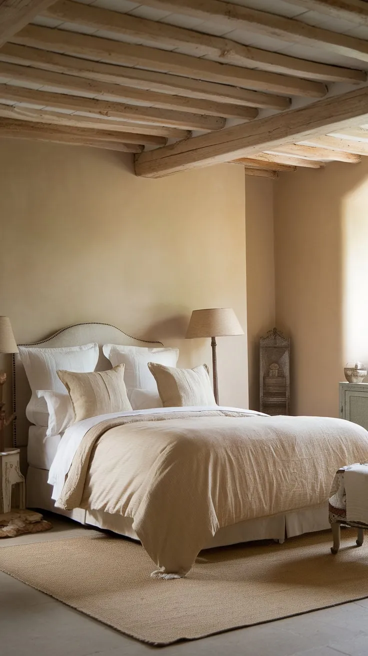 Drift off to sleep in this cozy French bedroom, where rustic neutral tones meet modern country decor. The French country lamp casts a warm glow over the neutral cottage bedroom, creating the perfect ambiance for a peaceful night's rest in this country-inspired haven.  This French farmhouse apartment bedroom is the epitome of relaxed elegance.