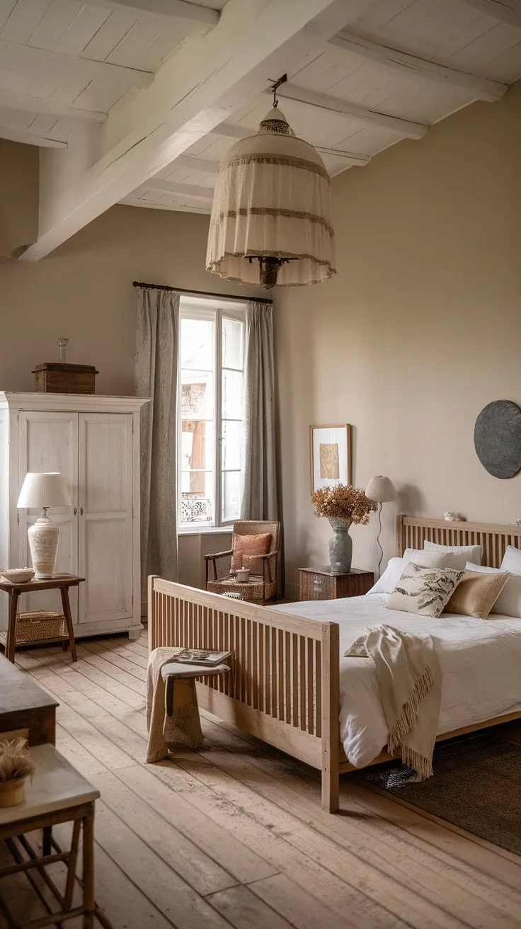Drift off to sleep in this cozy French bedroom, where rustic neutral tones meet modern country decor. The French country lamp casts a warm glow over the neutral cottage bedroom, creating a truly tranquil and inviting space. This country-inspired bedroom is the epitome of relaxed French farmhouse apartment living.