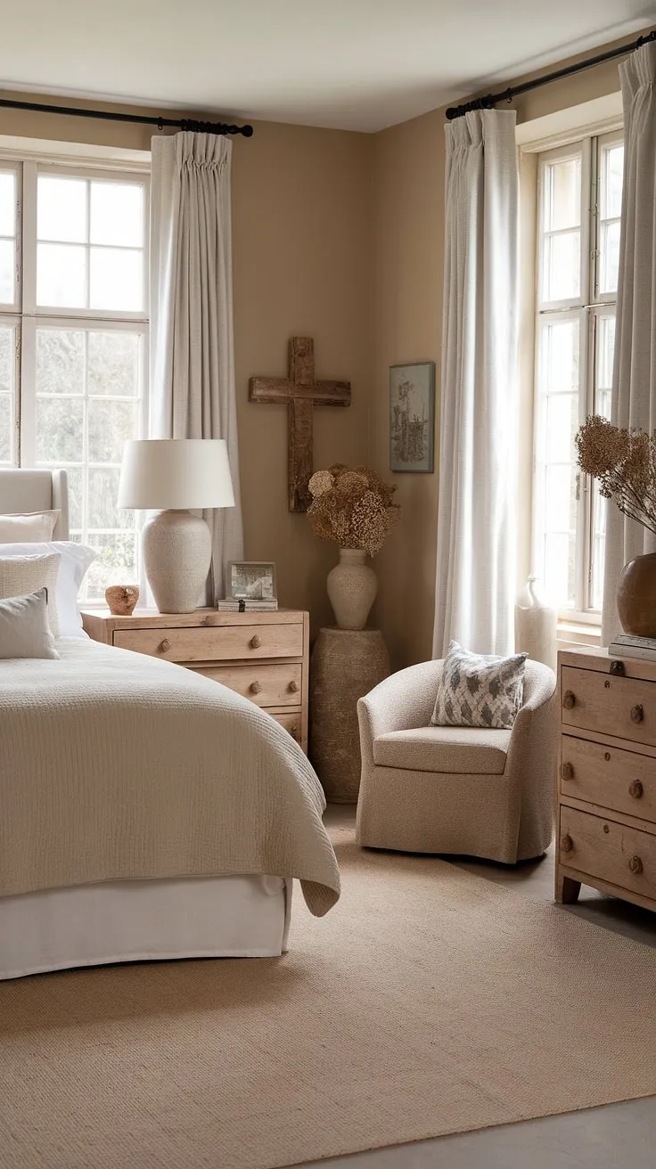 This neutral country bedroom is a dream come true.  The rustic neutral bedroom design, with its country inspired bedroom elements and large windows, bathes the space in natural light.  A beige chair and french country lamp add to the charming ambiance of this cozy french bedroom, making it the perfect retreat.