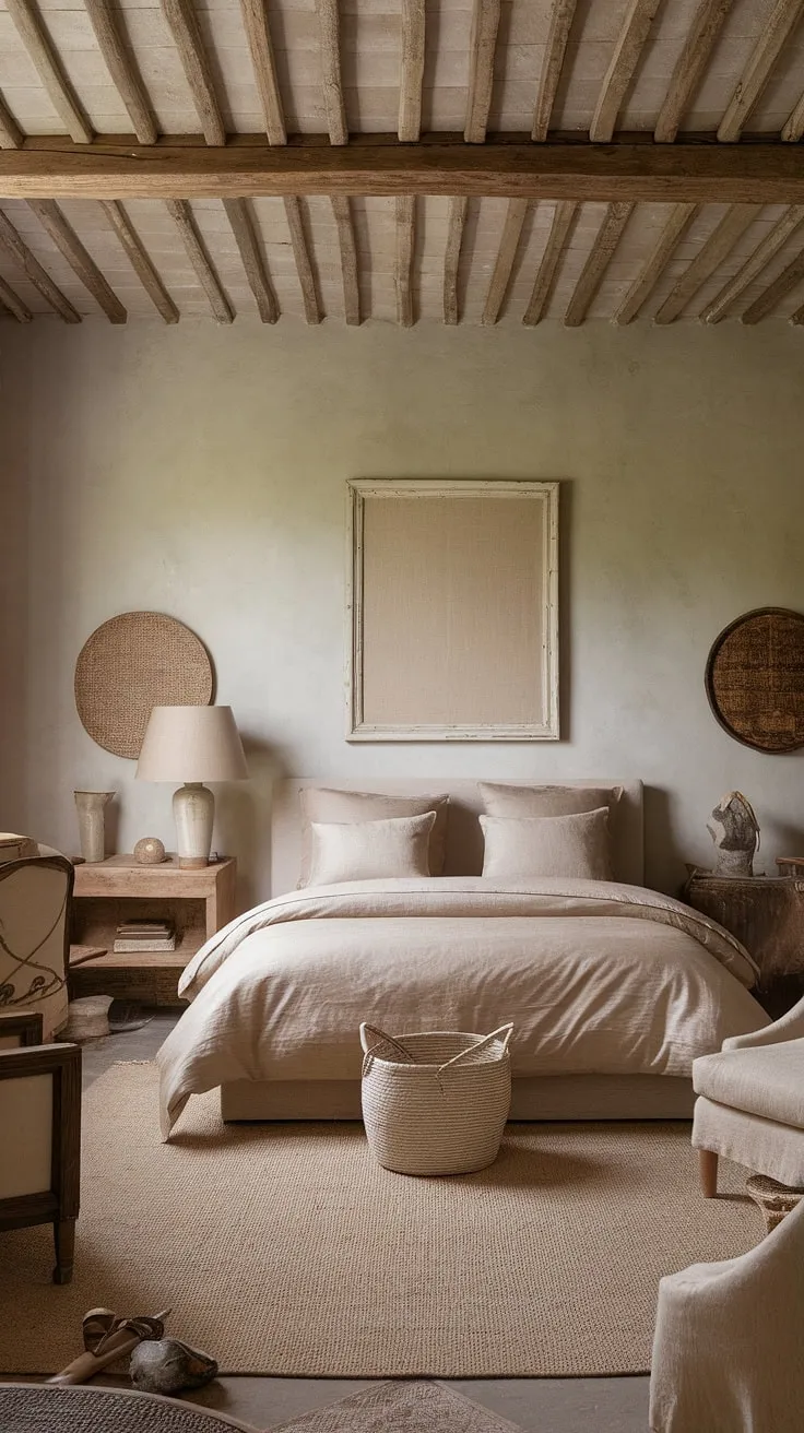 Drift off to sleep in this cozy French bedroom, where rustic neutral tones meet modern country decor. The French country lamp casts a warm glow over the neutral cottage bedroom, creating a truly tranquil and inviting space.  This country-inspired bedroom, perfect for a French farmhouse apartment, offers a serene escape.