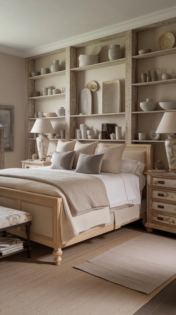 A neutral country bedroom with a touch of French farmhouse charm. This rustic neutral bedroom features modern country bedroom decor and a comforting French country lamp, creating a cozy French bedroom perfect for relaxation and peaceful nights.  The overall aesthetic is a blend of neutral cottage bedroom style and sophisticated country living.