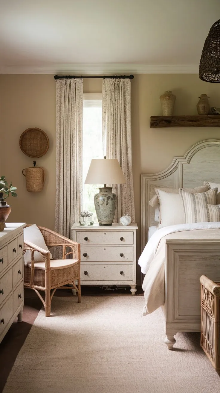 Drift off to sleep in this cozy French bedroom, where rustic neutral tones meet modern country decor. The French country lamp casts a warm glow over the neutral cottage bedroom, creating the perfect ambiance for a peaceful night's rest in this country-inspired haven.  This French farmhouse apartment bedroom is the epitome of relaxed elegance.