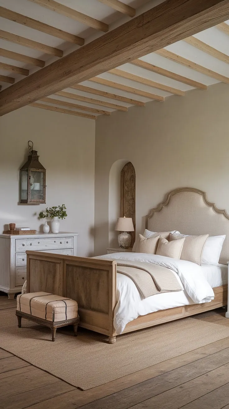 Drift off to sleep in this cozy French bedroom, where rustic neutral tones meet modern country decor. The French country lamp casts a warm glow over the neutral cottage bedroom, creating a truly tranquil and inviting space.  This country-inspired bedroom is the epitome of French farmhouse apartment living.