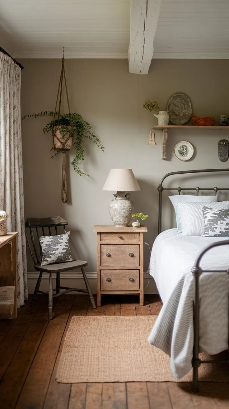 This neutral country bedroom, with its rustic charm and modern country decor touches, evokes the feeling of a cozy French farmhouse apartment.  The soft lighting from the French country lamp casts a warm glow, creating the perfect ambiance for a restful night in this country-inspired, yet sophisticated space.