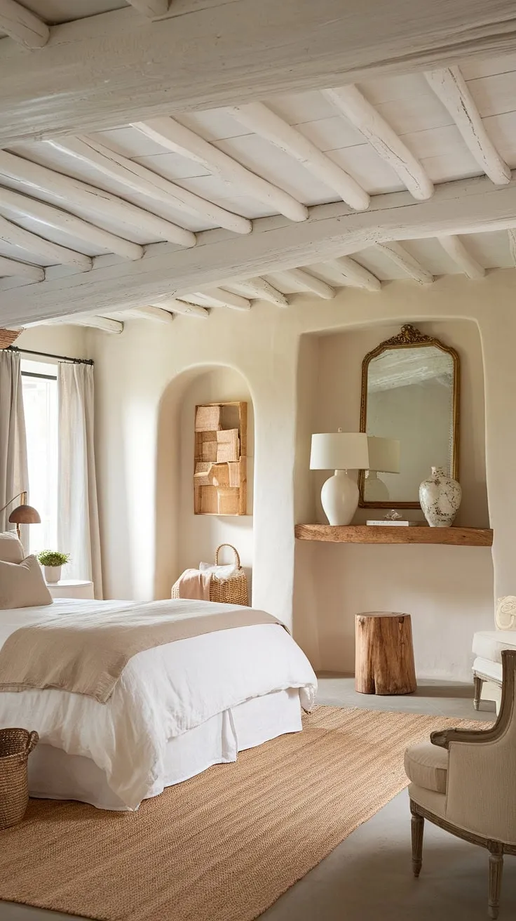 This neutral cottage bedroom is the epitome of country inspired bedroom design.  The whitewashed ceiling and exposed wooden beams create a rustic neutral bedroom feel, while the crisp white linens and beige accents offer a touch of modern country bedroom decor.  A woven basket and french country lamp complete the idyllic atmosphere of this cozy french bedroom.