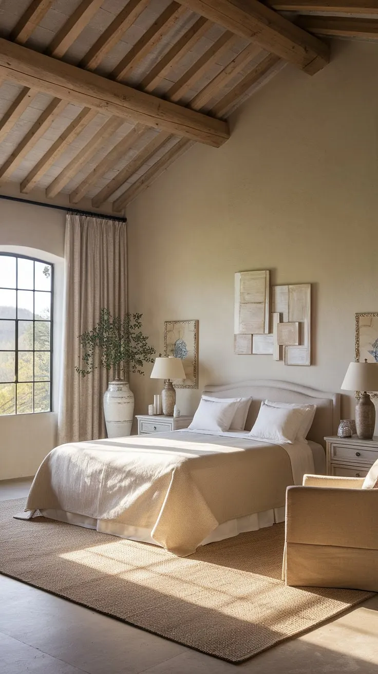 This neutral country bedroom effortlessly blends country inspired elements with a touch of modern sophistication.  The rustic neutral palette, accented by a chic French country lamp, transforms this space into a cozy French bedroom, perfect for a relaxing retreat in a charming French farmhouse apartment.