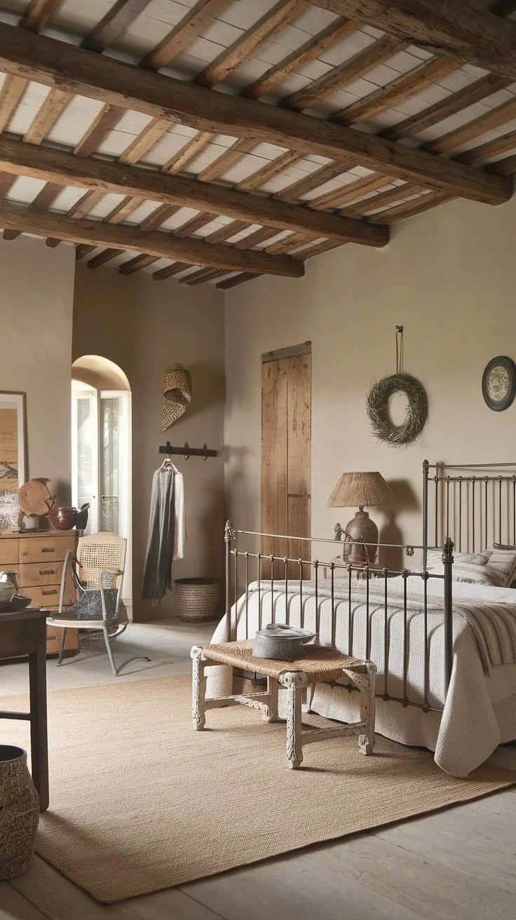 A neutral country bedroom transformed into a haven of calm.  This rustic neutral bedroom features modern country bedroom decor and a charming French country lamp, creating the perfect cozy French bedroom ambiance.  The overall feel is effortlessly chic, blending French farmhouse apartment style with a neutral cottage bedroom aesthetic.