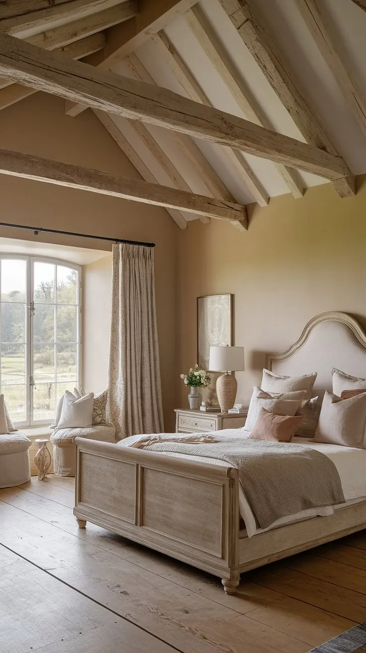 Escape to tranquility in this neutral country bedroom.  This country inspired bedroom, with its rustic neutral decor and high ceilings, embodies the essence of a cozy French bedroom.  The large window offers picturesque views, complementing the simple elegance of the rustic wooden bed and French country lamp.  This modern country bedroom decor perfectly blends rustic charm with a peaceful, neutral cottage bedroom ambiance.