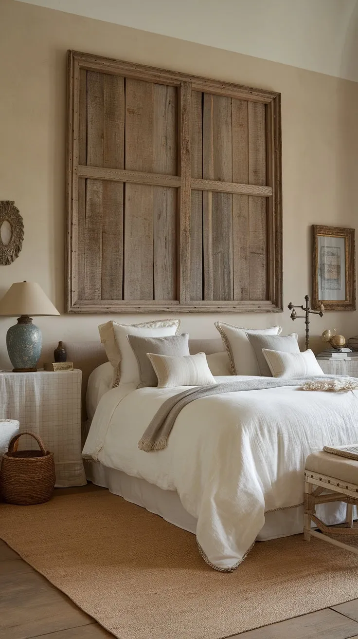 Drift off to sleep in this cozy French bedroom, where rustic neutral tones meet modern country decor. The French country lamp casts a warm glow over the neutral cottage bedroom, creating the perfect ambiance for a peaceful night's rest in this country-inspired haven.  This French farmhouse apartment bedroom is the epitome of relaxed elegance.