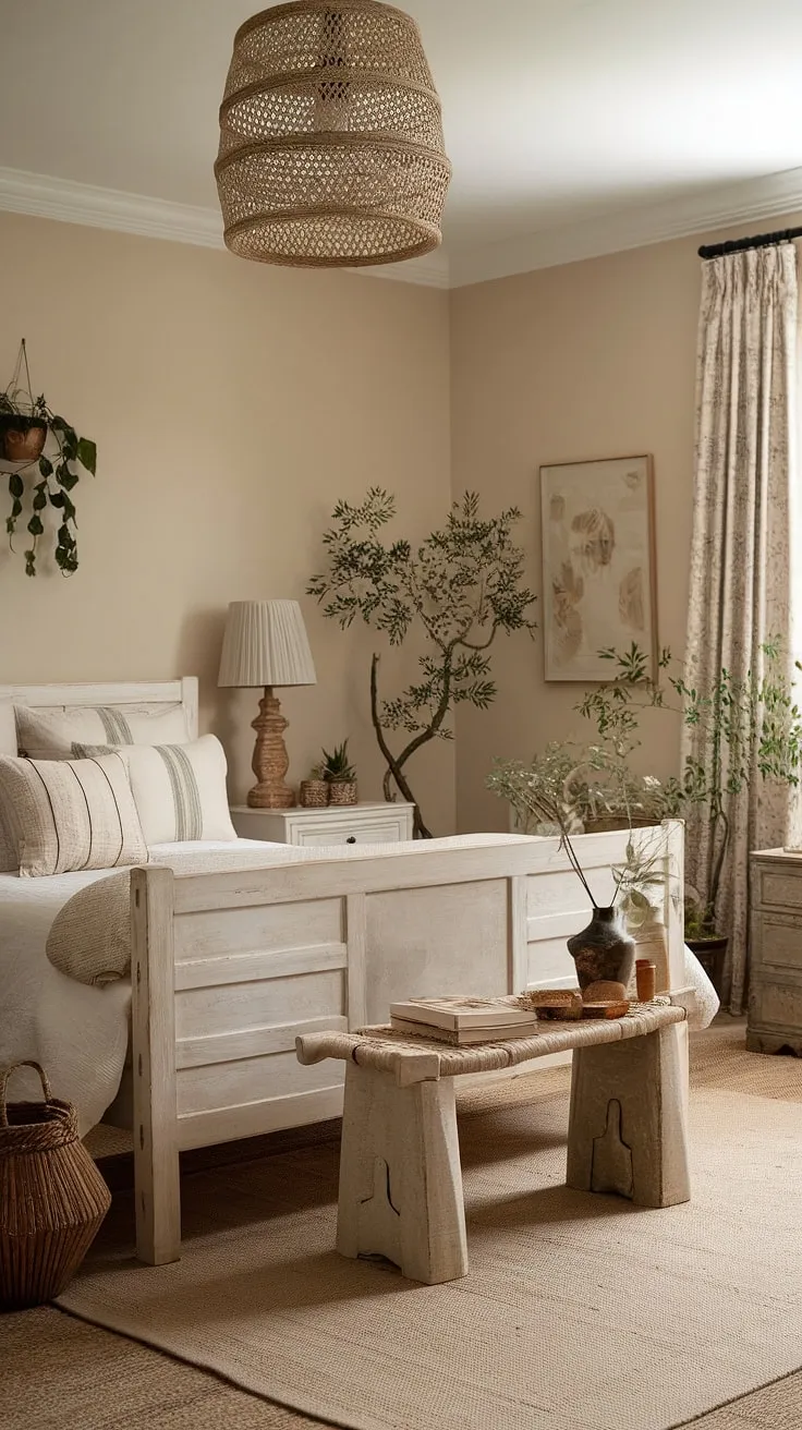 This neutral country bedroom, with its rustic charm and modern country decor touches, evokes the cozy feel of a French farmhouse apartment.  The French country lamp casts a warm glow, completing the serene and inviting atmosphere of this country-inspired haven.