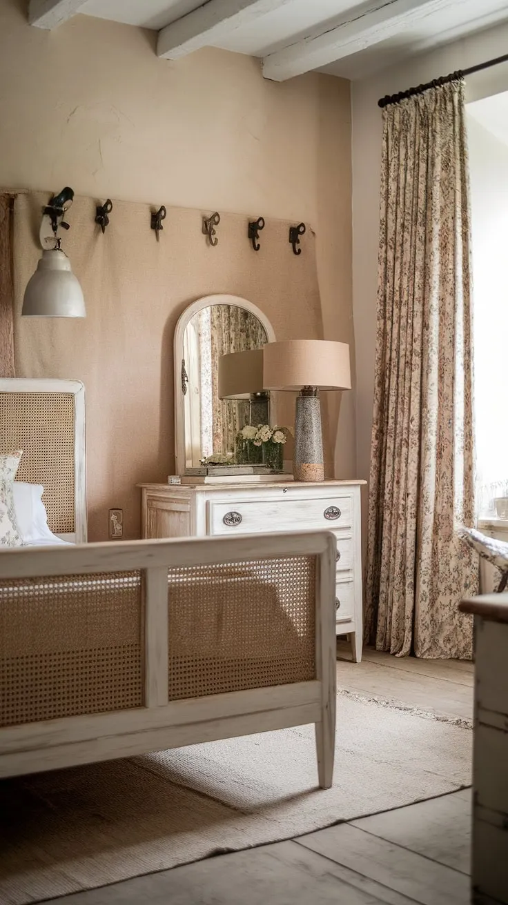 This rustic neutral bedroom, a blend of modern country bedroom decor and cozy French country charm, feels effortlessly chic.  The neutral cottage bedroom palette is warmed by the soft glow of the French country lamp, creating a truly inviting and peaceful French farmhouse apartment retreat.