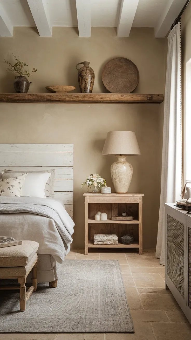 Wake up to the serene charm of this neutral country bedroom.  The rustic neutral palette, complemented by a modern country bedroom decor and a soft glow from the French country lamp, creates a cozy French bedroom perfect for a quiet morning in your French farmhouse apartment.