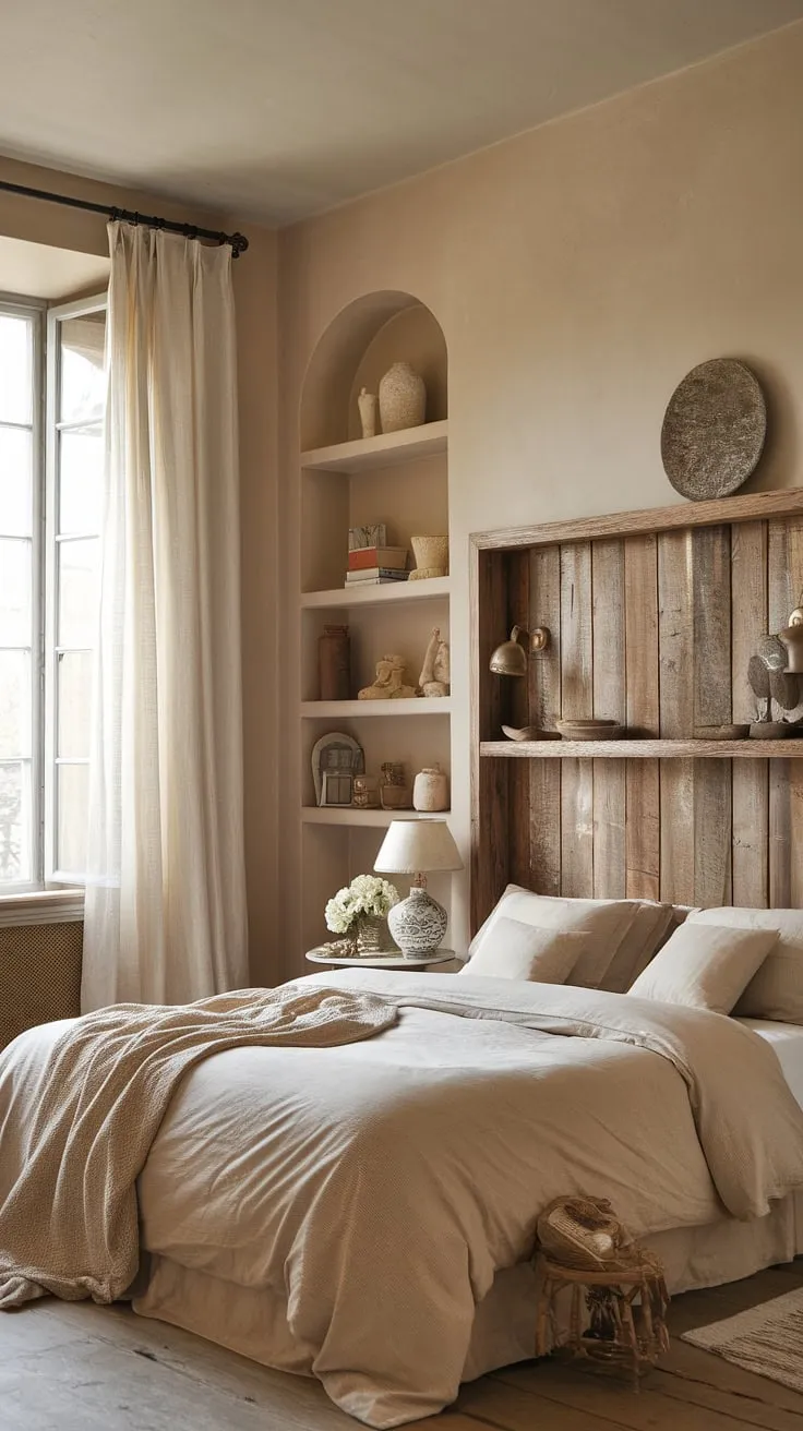 This neutral country bedroom is the epitome of country-inspired serenity.  A French country lamp illuminates the space, adding a touch of rustic elegance to this modern country bedroom decor.  The overall feel is one of cozy French charm, perfect for a relaxing retreat in a French farmhouse apartment or a rustic neutral bedroom.
