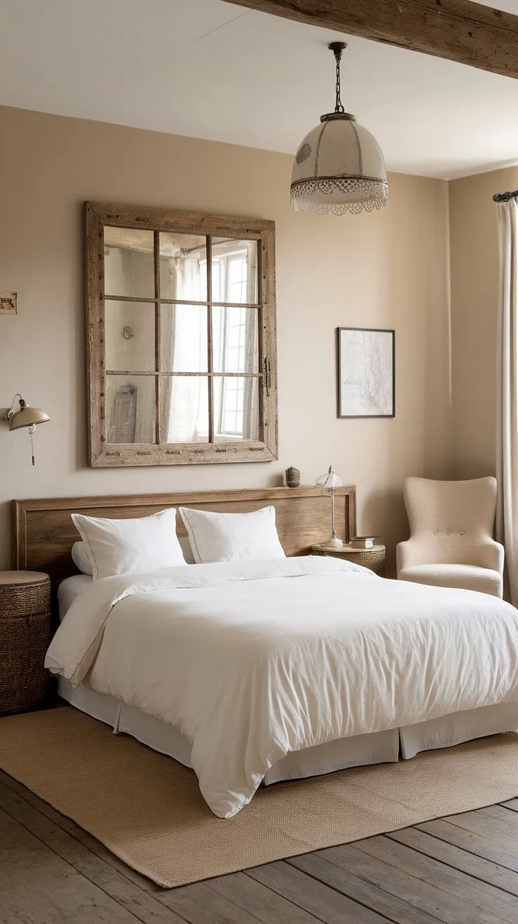 Drift off to sleep in this cozy French bedroom, where rustic neutral tones meet modern country decor. The French country lamp casts a warm glow over the neutral cottage bedroom, creating the perfect ambiance for a peaceful night's rest in this country-inspired haven.  This French farmhouse apartment bedroom is the epitome of relaxed elegance.