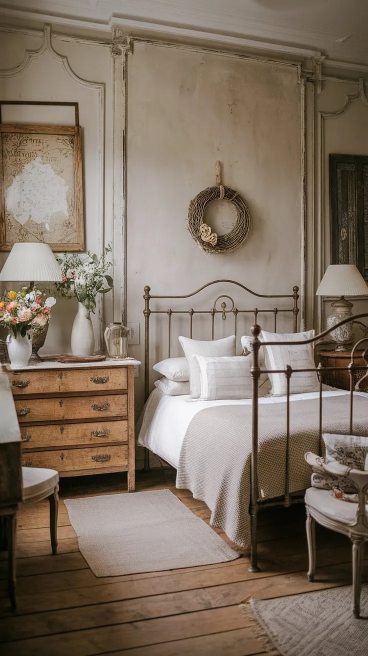 Drift off to sleep in this cozy French bedroom, where rustic neutral tones meet modern country decor. The French country lamp casts a warm glow over the neutral cottage bedroom, creating a truly tranquil and inviting space.  This country-inspired bedroom, perfect for a French farmhouse apartment, offers a serene escape.