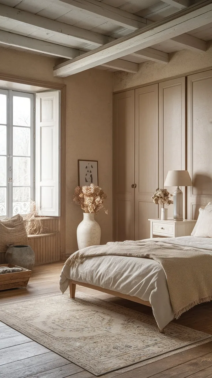 Escape to this cozy French bedroom, a haven of calm in a neutral cottage bedroom setting.  The soft beige walls and wooden floors create a rustic neutral bedroom feel, while the French country lamp and carefully chosen details elevate this space to a modern country bedroom decor masterpiece.  This French country bedroom is the epitome of serene country inspired bedroom style.