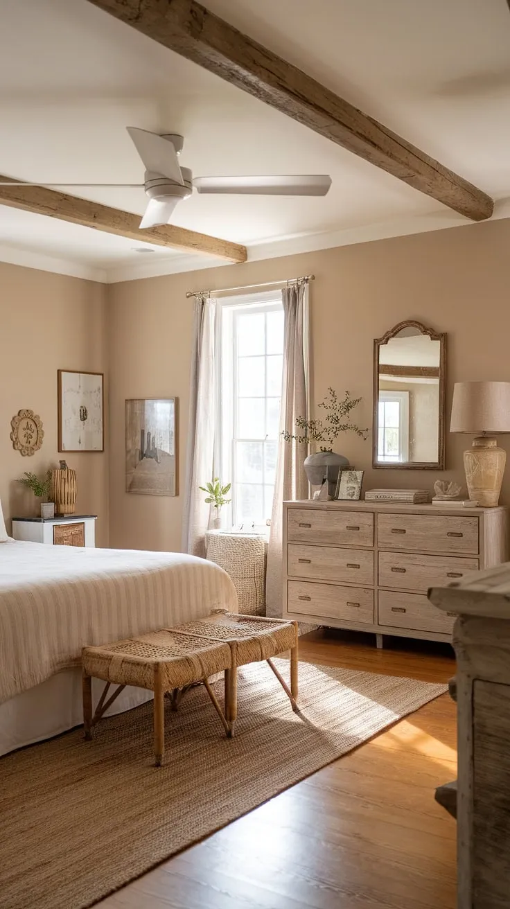 This rustic neutral bedroom is the epitome of country inspired bedroom design.  A queen-size bed anchors the space, nestled on a woven rug within this neutral country bedroom.  The soft beige walls and french country lamp contribute to the inviting ambiance of this cozy french bedroom, making it the perfect blend of modern country bedroom decor and french farmhouse apartment style.