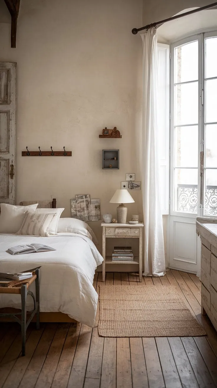 Drift off to sleep in this cozy French bedroom, where rustic neutral tones meet modern country decor. The French country lamp casts a warm glow over the neutral cottage bedroom, creating a truly tranquil and inviting space. This country-inspired bedroom, perfect for a French farmhouse apartment, offers a serene escape.