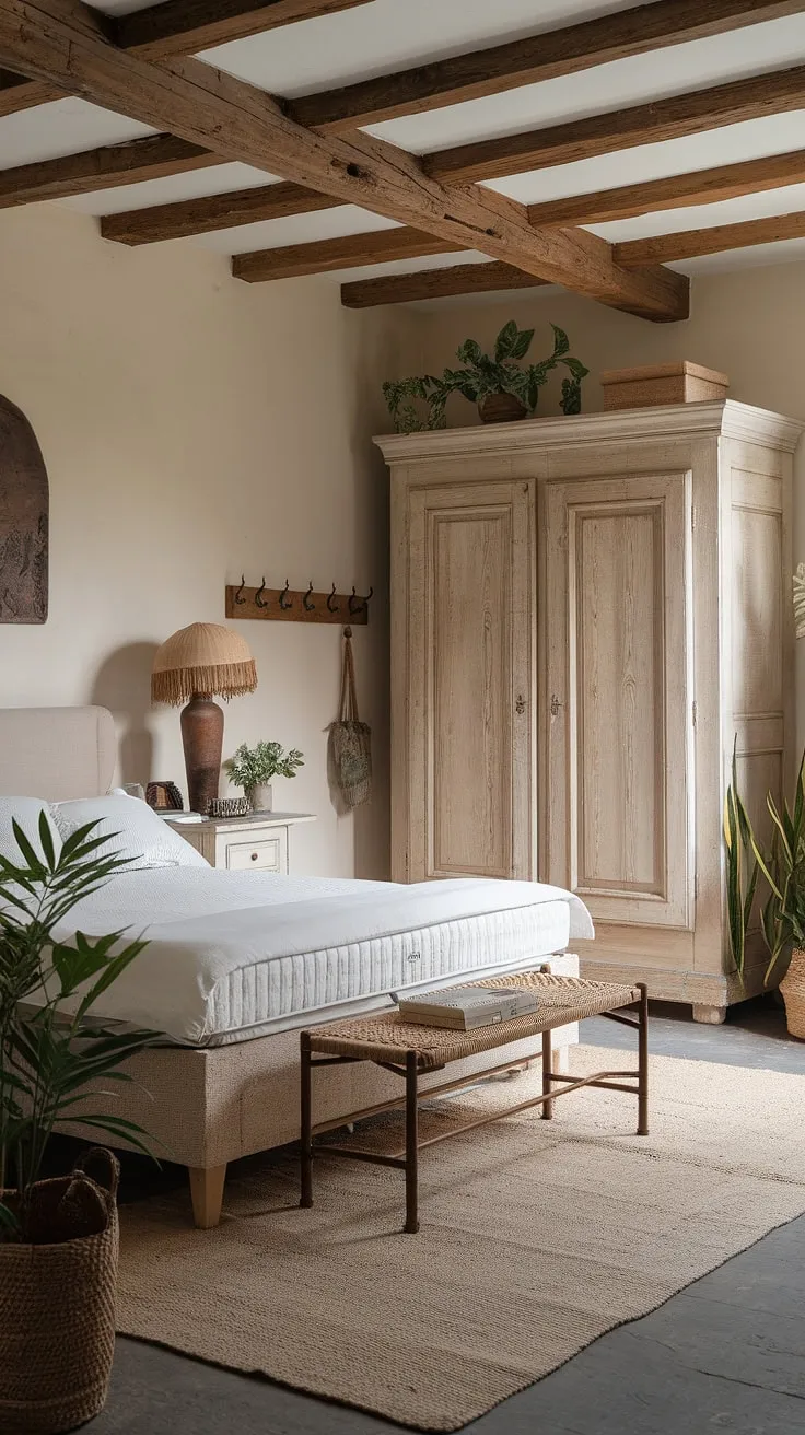 This neutral country bedroom, a blend of rustic charm and modern comfort, evokes the feeling of a cozy French farmhouse apartment.  The soft, neutral palette and delicate French country lamp create a serene atmosphere, perfect for a restful night's sleep.  It's country inspired, yet undeniably chic, showcasing the best of modern country bedroom decor in a truly inviting space.