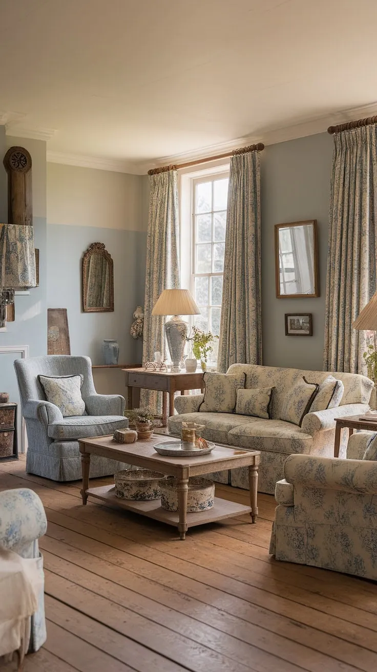This French country cottage's living room is a testament to cottage country decor.  The vintage French country living room showcases charming details and creates the ultimate space for relaxation, offering inspiring country lounge room ideas for your own home.