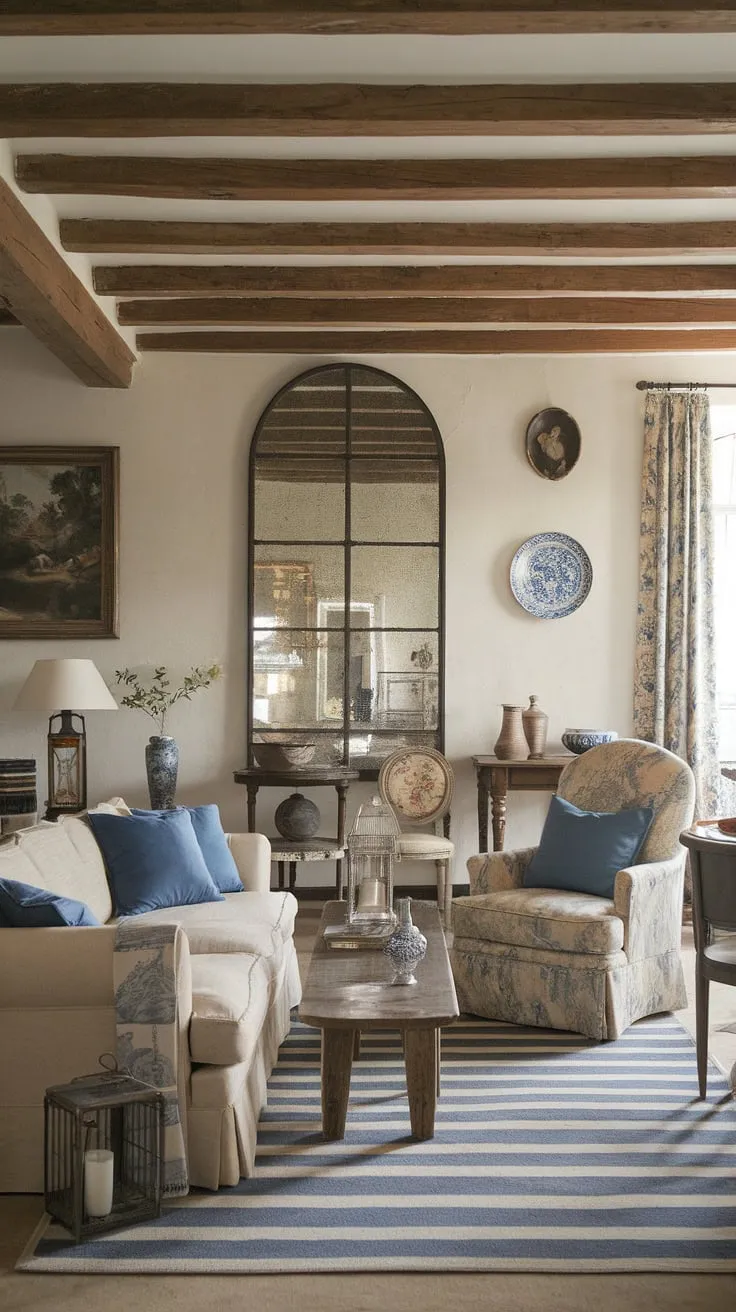 Step into the charming embrace of this vintage French country living room, where cottage style home interior meets rustic elegance.  The perfect blend of cottage country decor creates a cozy and inviting space, offering endless country lounge room ideas.