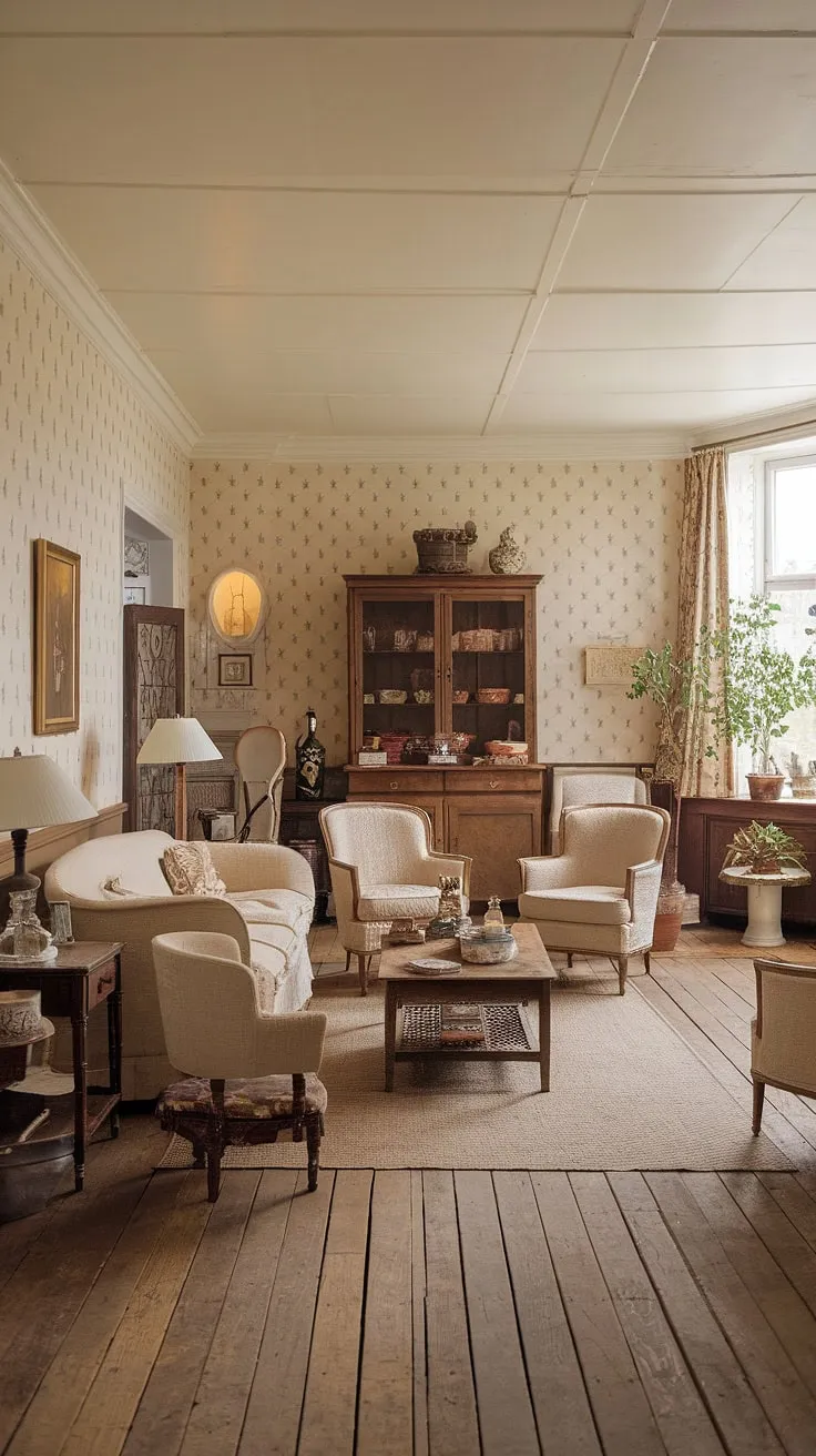 This French country cottage's living room is a testament to cottage country decor done right.  The vintage French country living room showcases inspiring country lounge room ideas, creating a space that's both stylish and comfortably lived-in, a true reflection of cottage style home interior.