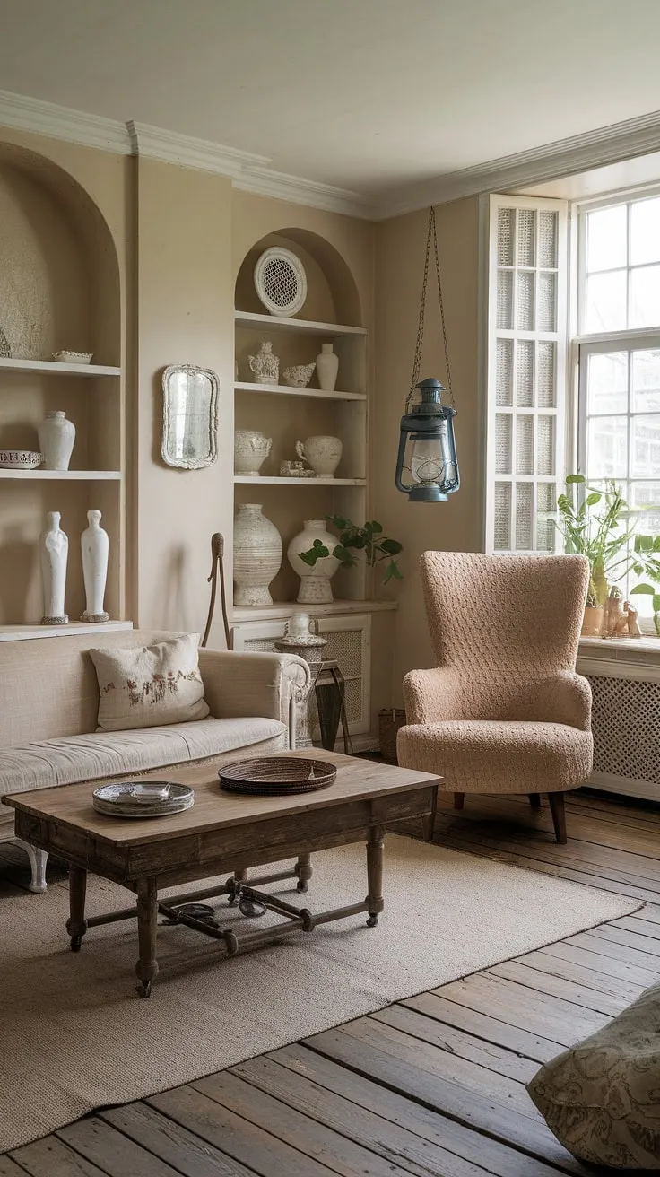 Step into the charming embrace of this vintage French country living room, where cottage style home interior meets rustic elegance.  The perfect blend of cottage country decor creates a cozy and inviting country lounge room, embodying the spirit of a French country cottage.