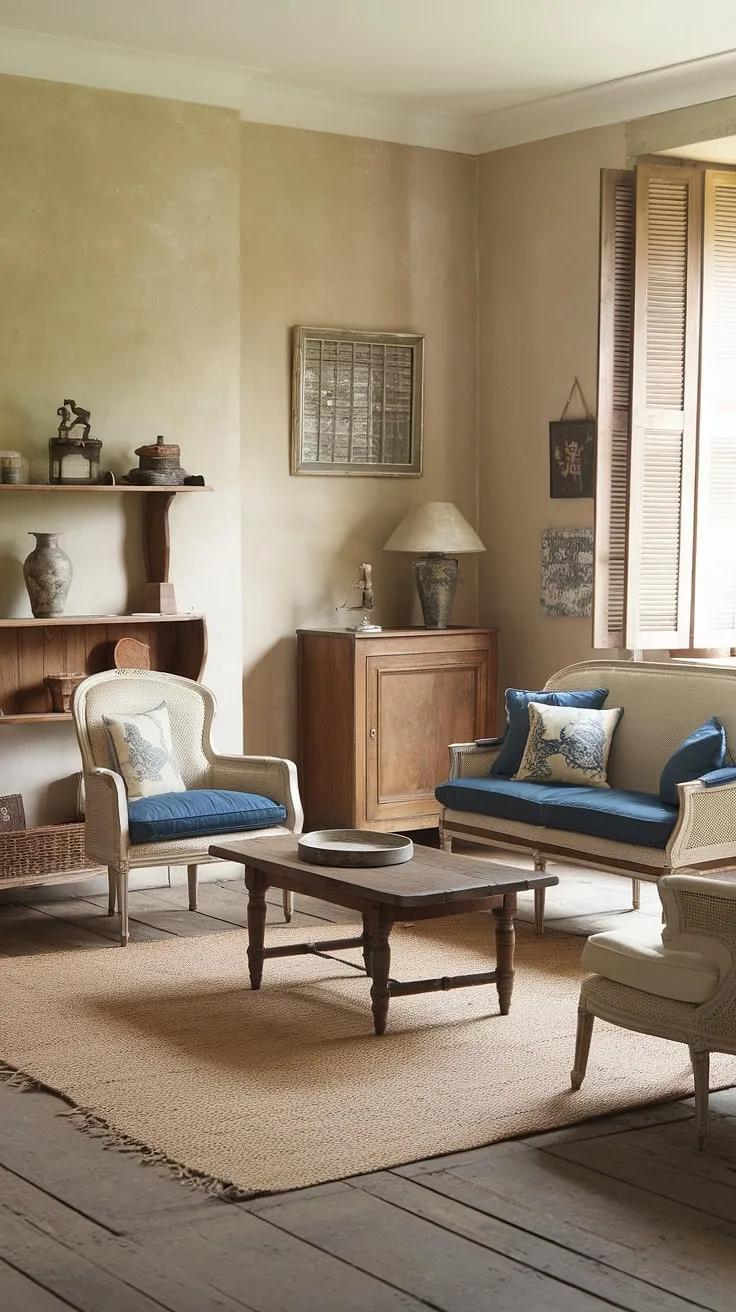 Step into the charming embrace of this vintage French country living room, where cottage style home interior meets rustic elegance.  The perfect blend of cottage country decor creates a cozy and inviting country lounge room, embodying the spirit of a French country cottage.