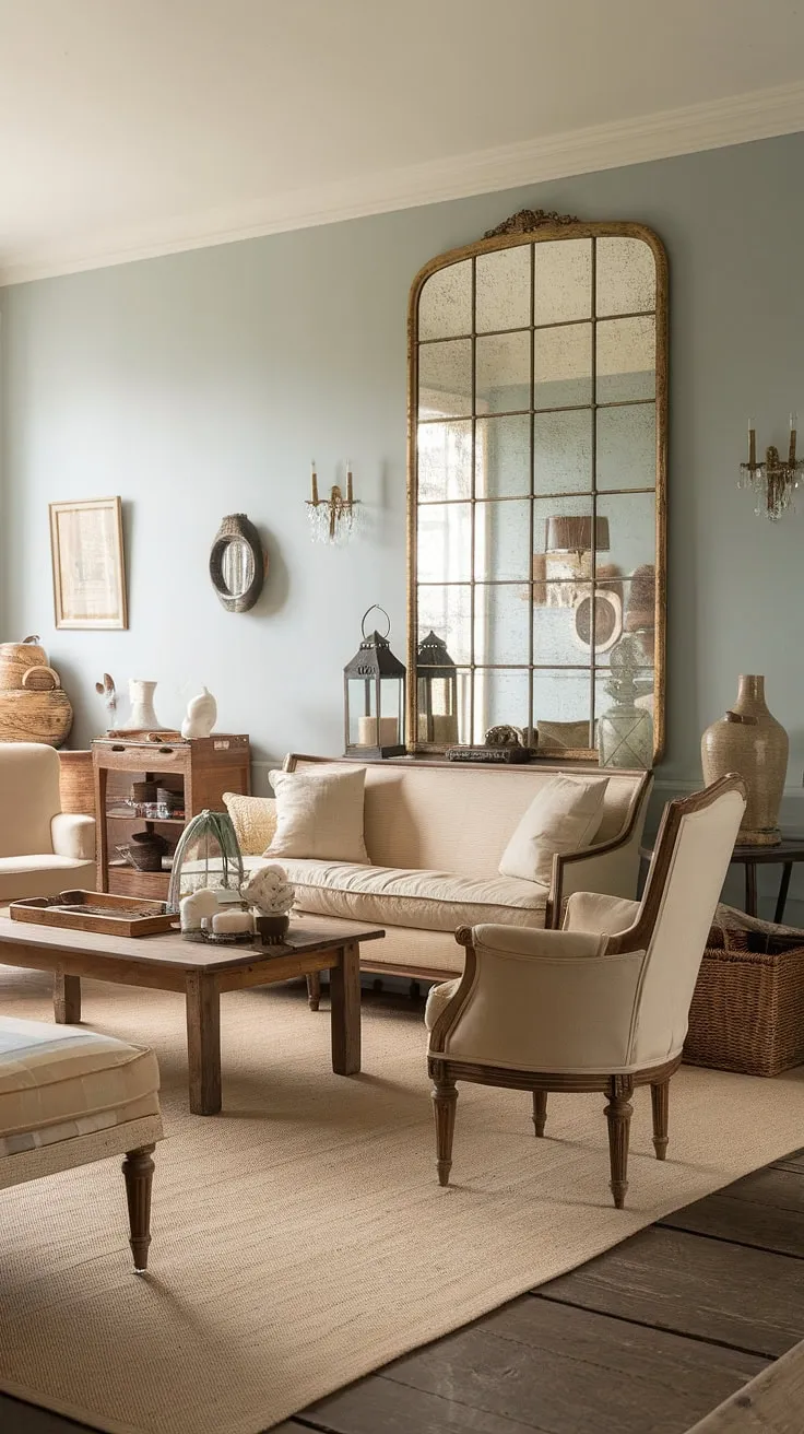 This French country cottage boasts a captivating vintage living room.  The soft hues and thoughtful cottage country decor create a cozy atmosphere, showcasing the best of cottage style home interior design.  Find your inspiration for your next country lounge room ideas here.