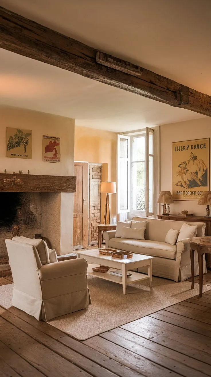 This French country cottage boasts a captivating cottage style home interior.  The vintage French country living room, brimming with cottage country decor, offers inspiring country lounge room ideas for creating a space that's both stylish and comfortably lived-in.