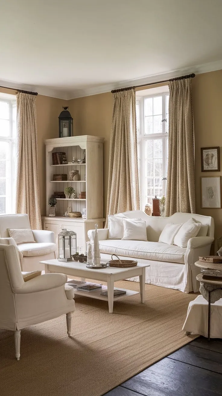 This French country cottage's living room is a picture of understated elegance.  The cottage style home interior, with its vintage French country living room furniture and thoughtful cottage country decor, provides the perfect blend of comfort and style for those seeking inspiration for their own country lounge room ideas.