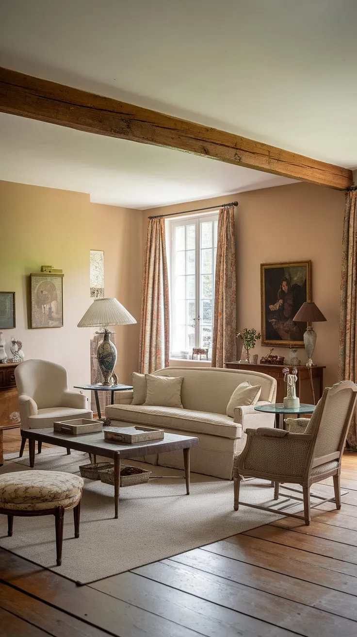 This French country cottage's living room is a testament to cottage country decor done right.  The vintage French country living room showcases a delightful blend of rustic charm and refined style, offering inspiring country lounge room ideas for your own home.