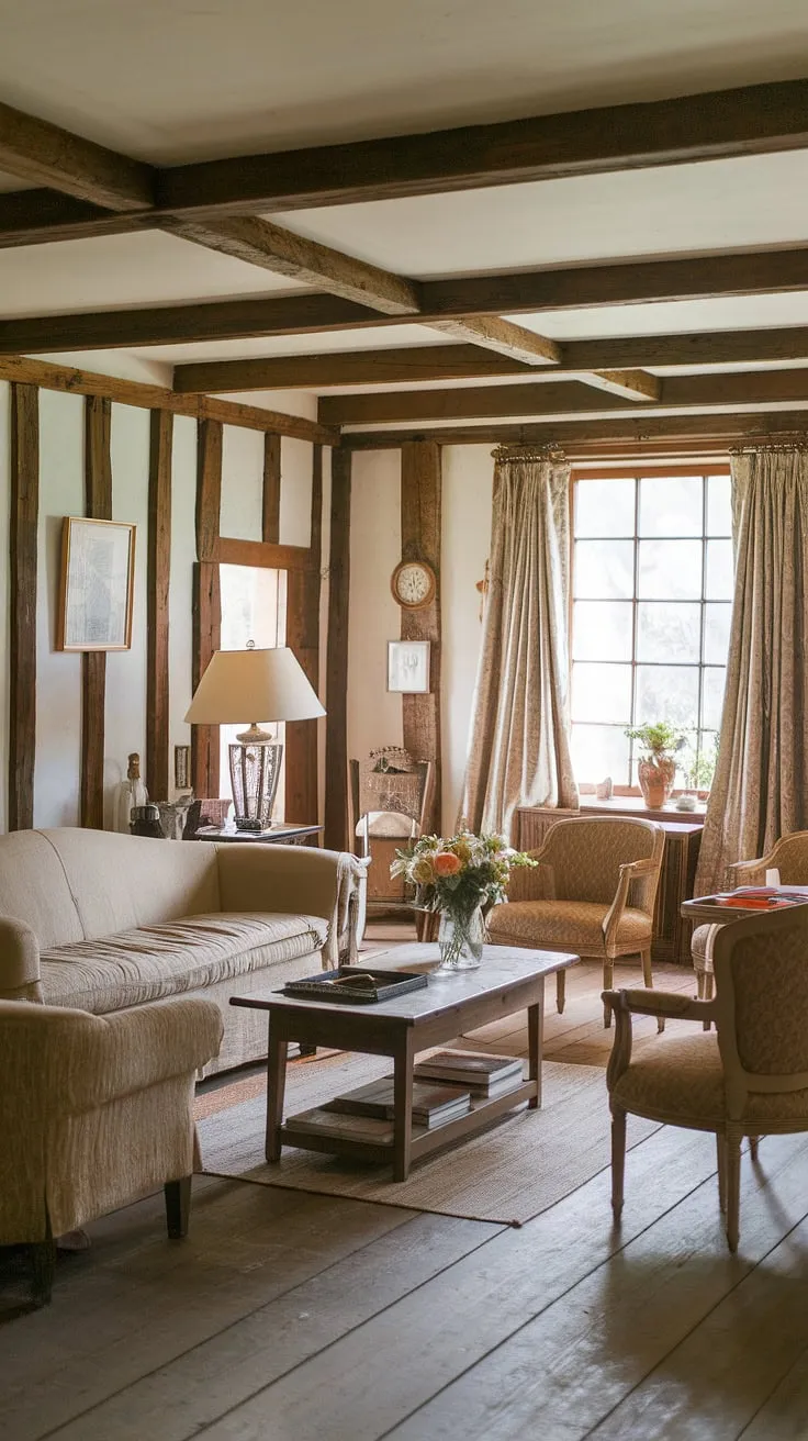 This French country cottage boasts a captivating cottage style home interior.  The vintage French country living room, brimming with cottage country decor, offers inspiring country lounge room ideas for a space that's both stylish and comfortably lived-in.