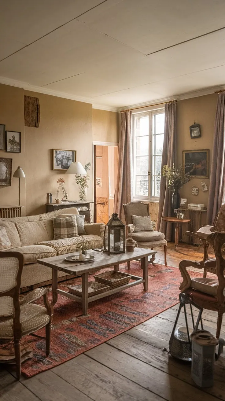 Step into the charming embrace of this vintage French country living room, a perfect example of cottage style home interior.  The rustic elegance, complete with cottage country decor, offers endless country lounge room ideas for creating a space that's both inviting and effortlessly chic.