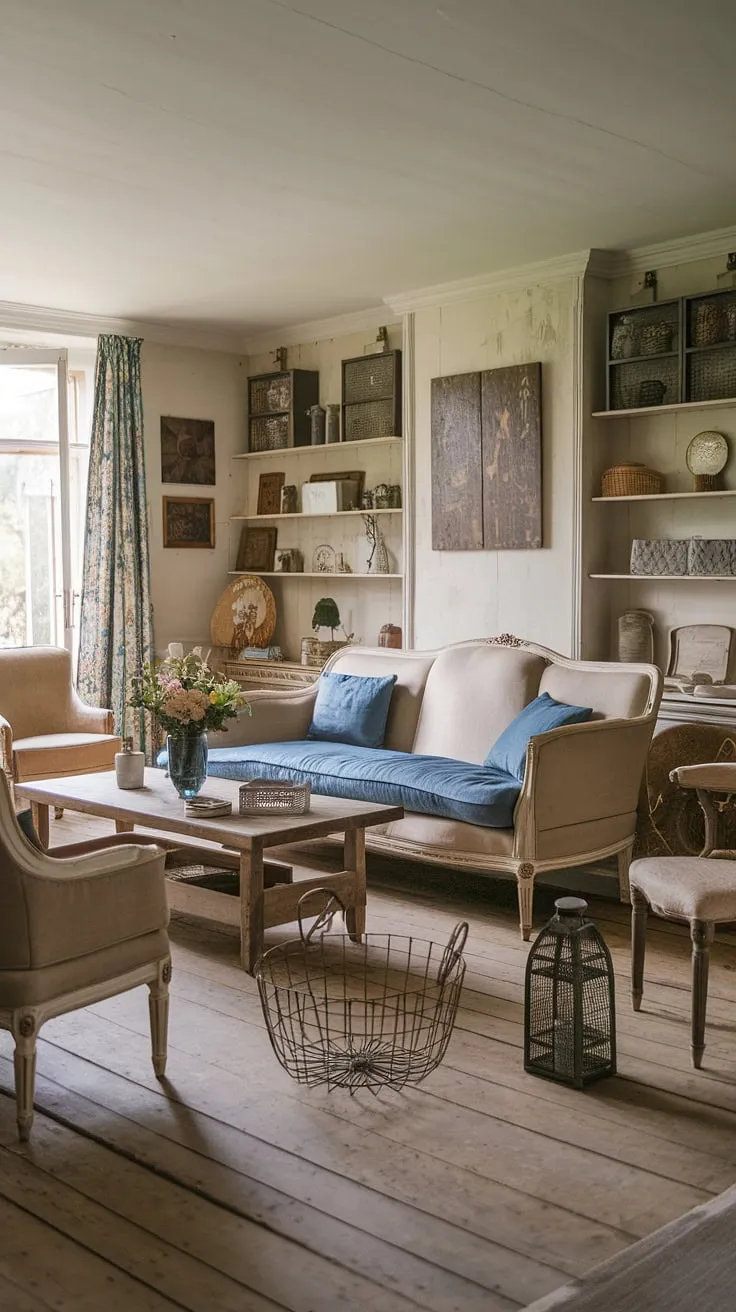 This French country cottage boasts a vintage French country living room that's the epitome of cozy charm.  The cottage style home interior is filled with delightful details, from the blue cushions on the beige sofa to the carefully chosen decorative accents, making it a haven of inspiration for your own country lounge room ideas and cottage country decor.